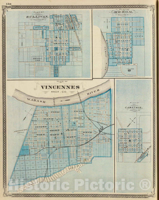 Historic Map : 1876 Plan of Vincennes, Knox Co. (with) Sullivan, Merom, Carlisle. - Vintage Wall Art