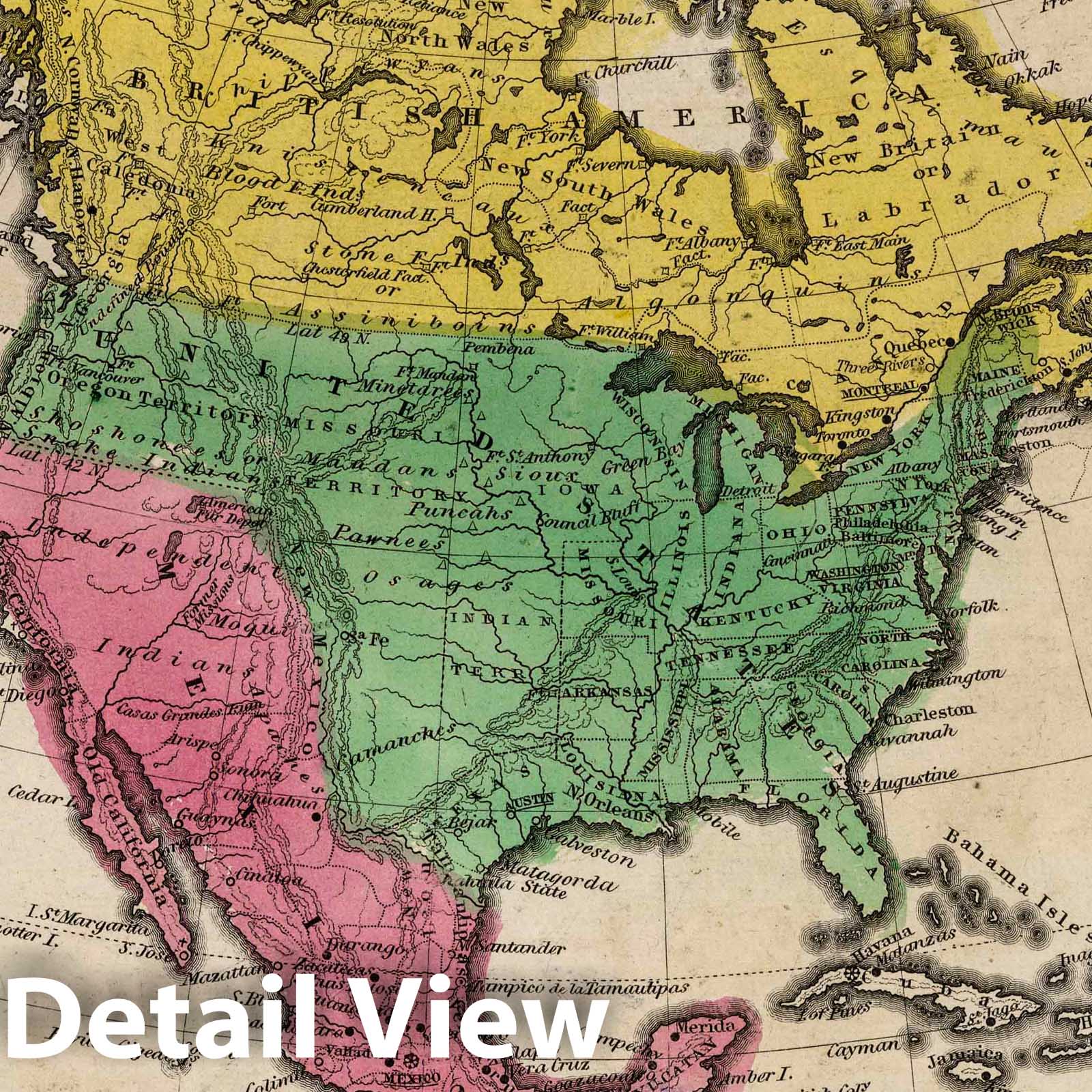 North America - River Map, 1845 - Historical Map Print