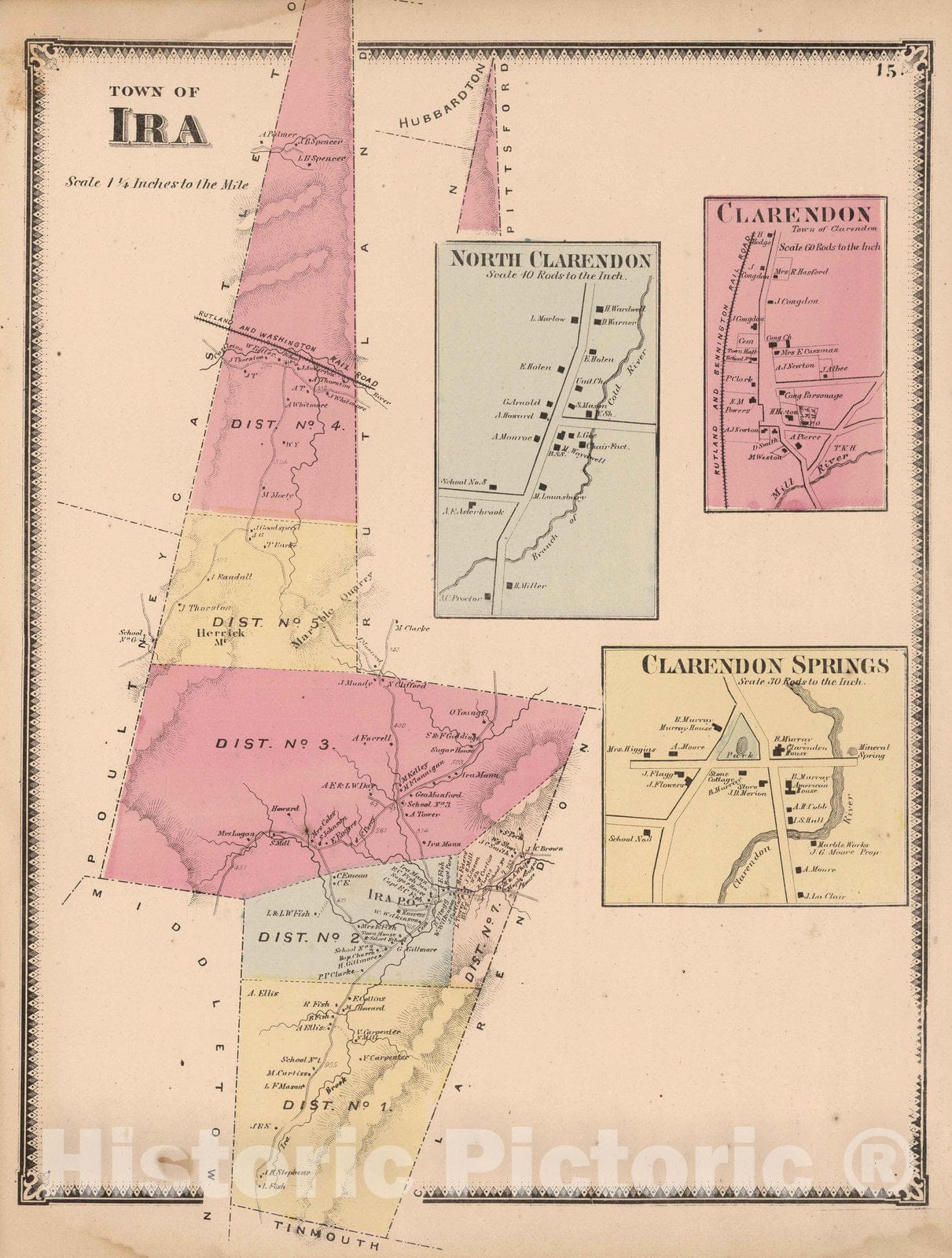 Historic Map : 1869 Ira, Rutland County, Vermont. North Clarendon. Clarendon. Clarendoon Springs. - Vintage Wall Art