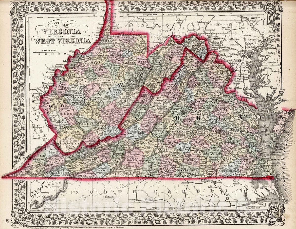 Historic Map : 1874 County Map of Virginia and West Virginia  : Vintage Wall Art