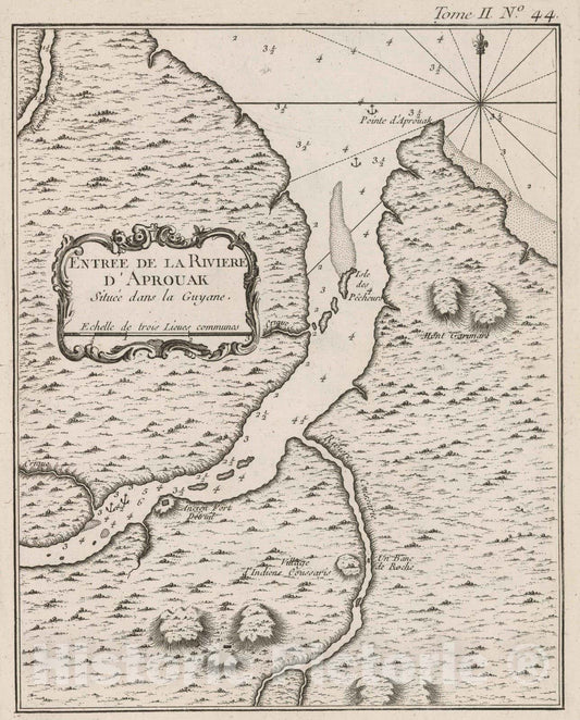 Historic Map : French Guiana, 1764 Entree de la Riviere d'Aprouak situee dans la Guyane , Vintage Wall Art