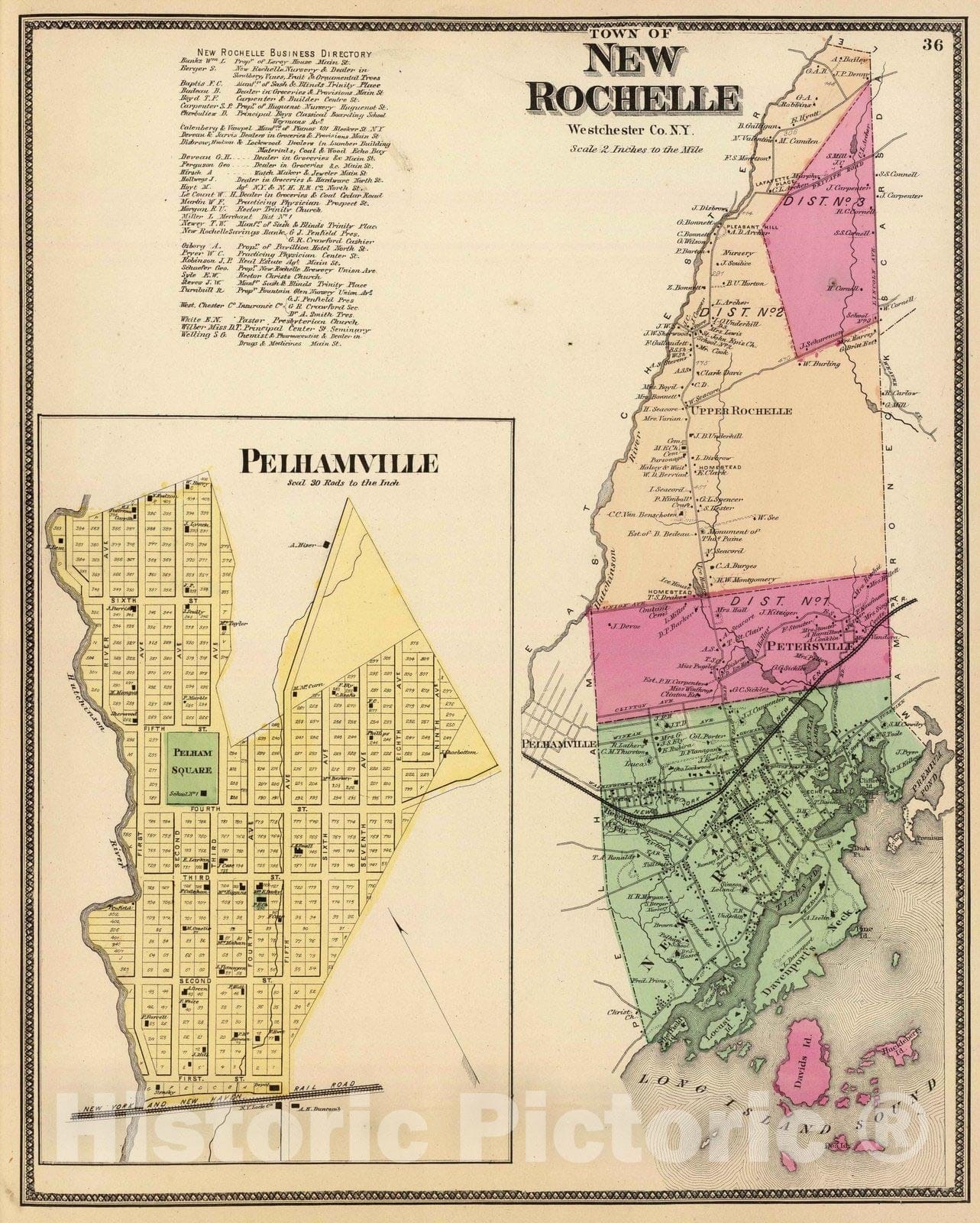 Historic Map : 1868 New Rochelle, Town; Pelhamville. - Vintage Wall Art