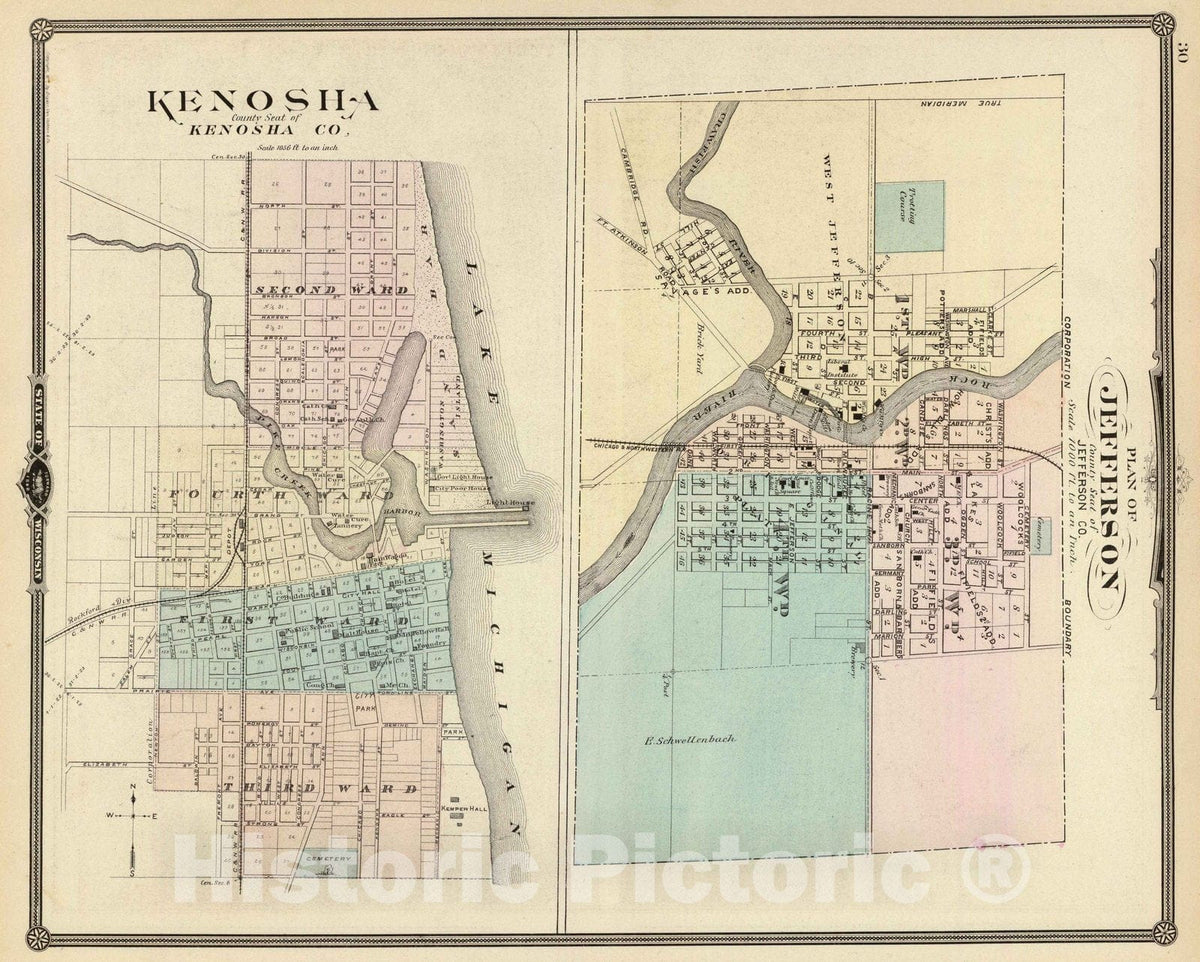 Historic Map : 1878 Plan of Jefferson. Kenosha. - Vintage Wall Art