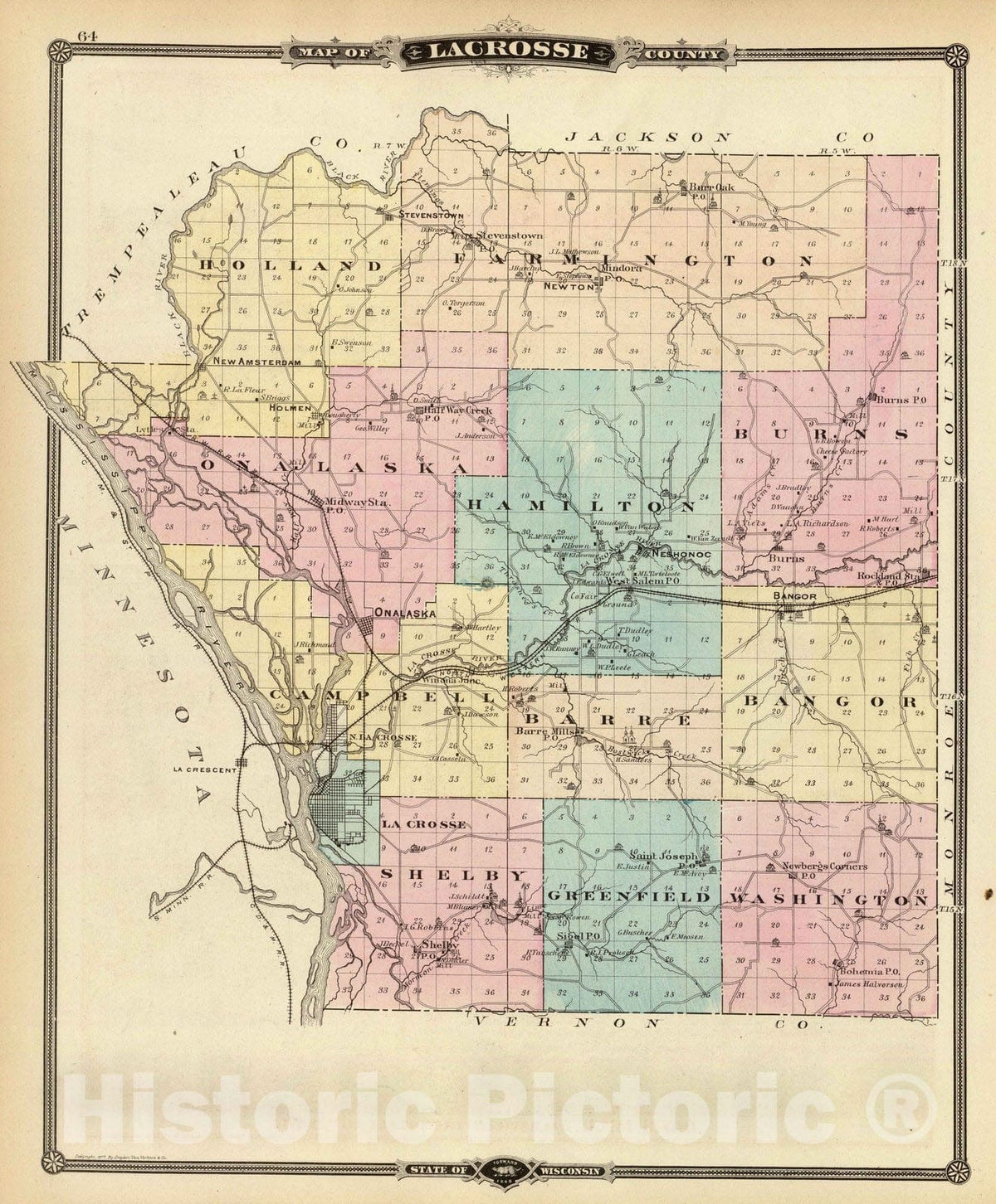 La Crosse County, Wisconsin - Geologic Map, 1878 - Historical Map Print