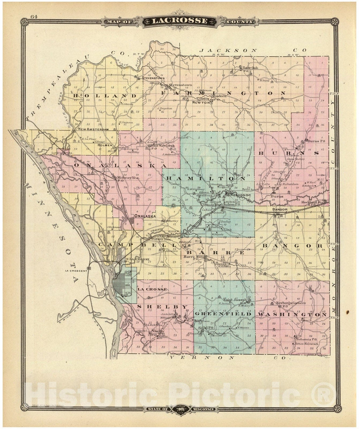 Historic Map - 1878 Lacrosse County, Wisconsin. - Vintage Wall Art