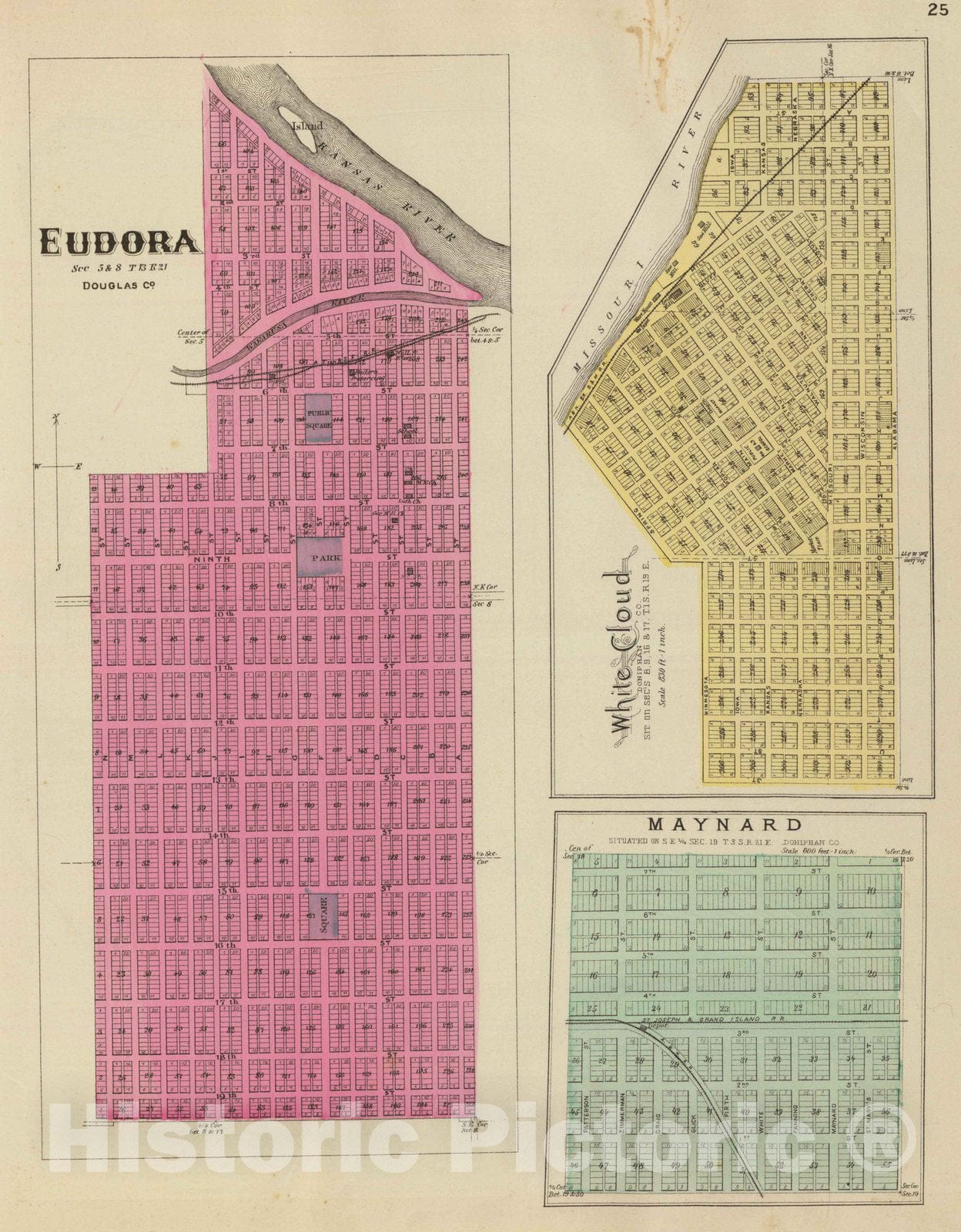 Historic Map : 1887 Eudora, White Cloud and Maynard. - Vintage Wall Art
