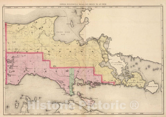 Historic Map : 1873 Upper Peninsula, scale six miles to an inch (Chippewa and Mackinac counties) - Vintage Wall Art