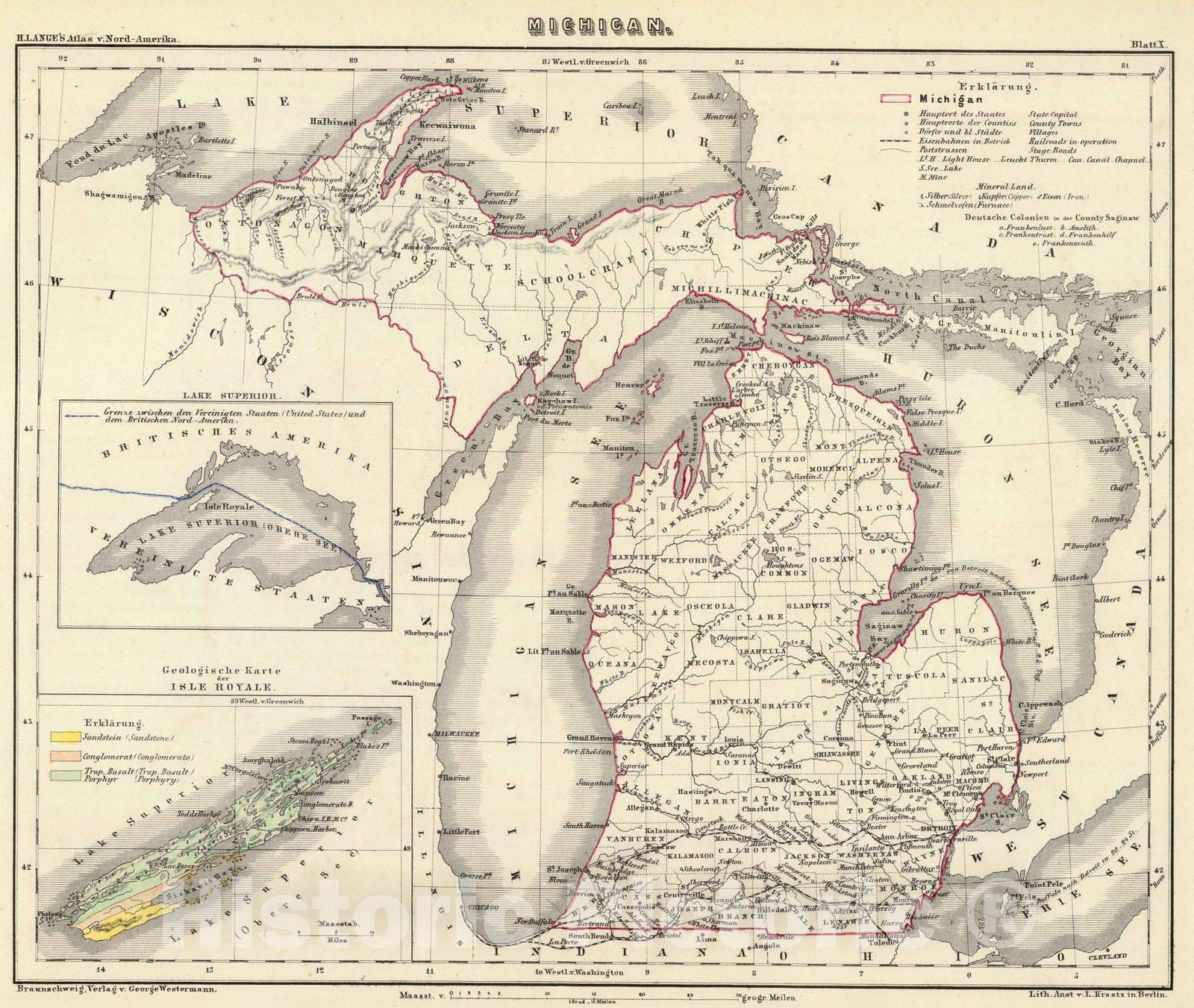 Michigan with Isle Royale - Railroad Map, 1854 - Historical Map Reproduction