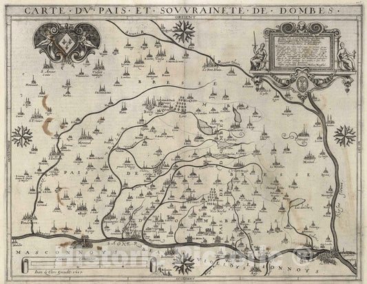 Historic Map : Saone , France 1632 Carte du Pais et Souvrainete de Dombes. , Vintage Wall Art