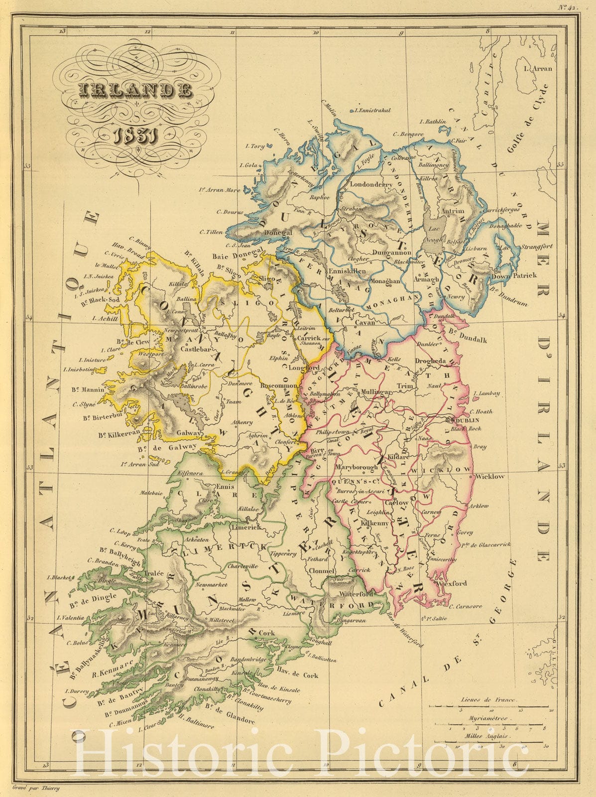 Historic Map : Ireland, 1837 Irlande. , Vintage Wall Art