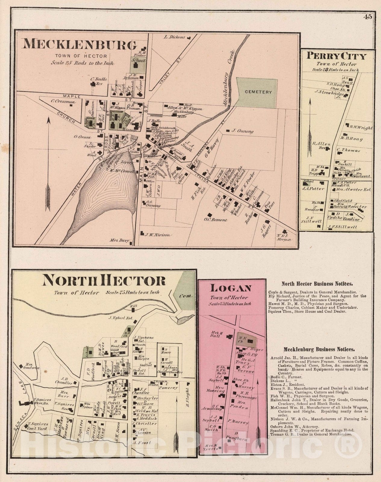 Historic Map : 1874 Mecklenburg. Perry City. North Hector. Logan, New York. - Vintage Wall Art