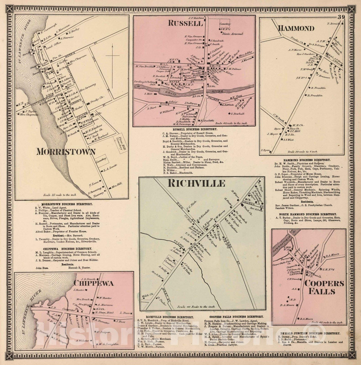 Historic Map : 1865 Morristown. Russell. Hammond. Chippewa. Richville. Coopers Falls, Saint Lawrence County, New York. - Vintage Wall Art