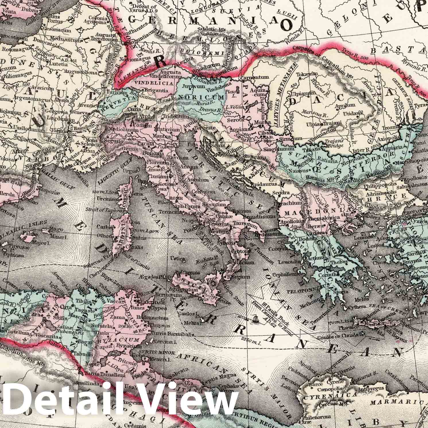 Roman Empire - Route Map, 1877 - Historical Map Print