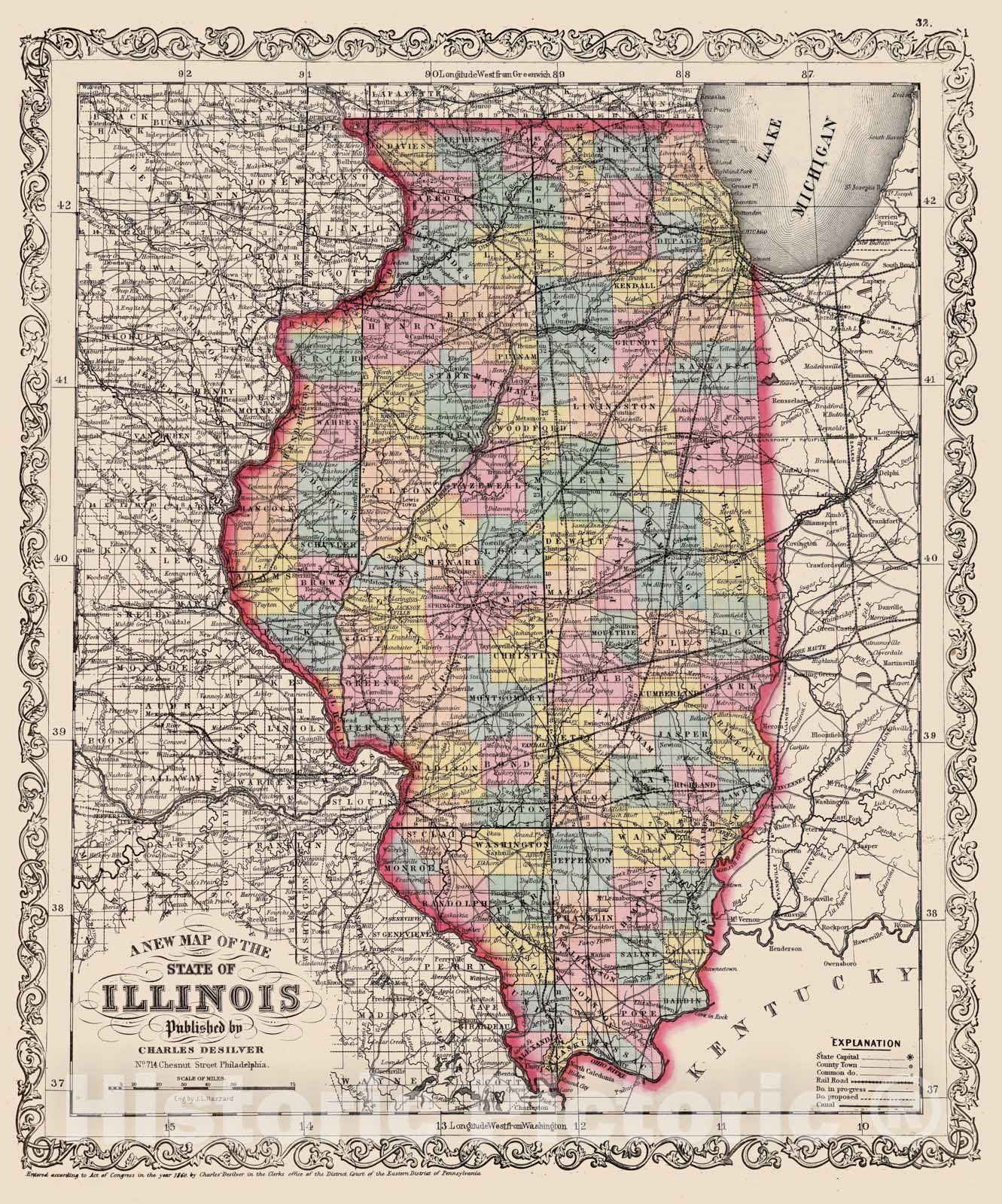 Historic Map : 1860 Illinois. v2 - Vintage Wall Art