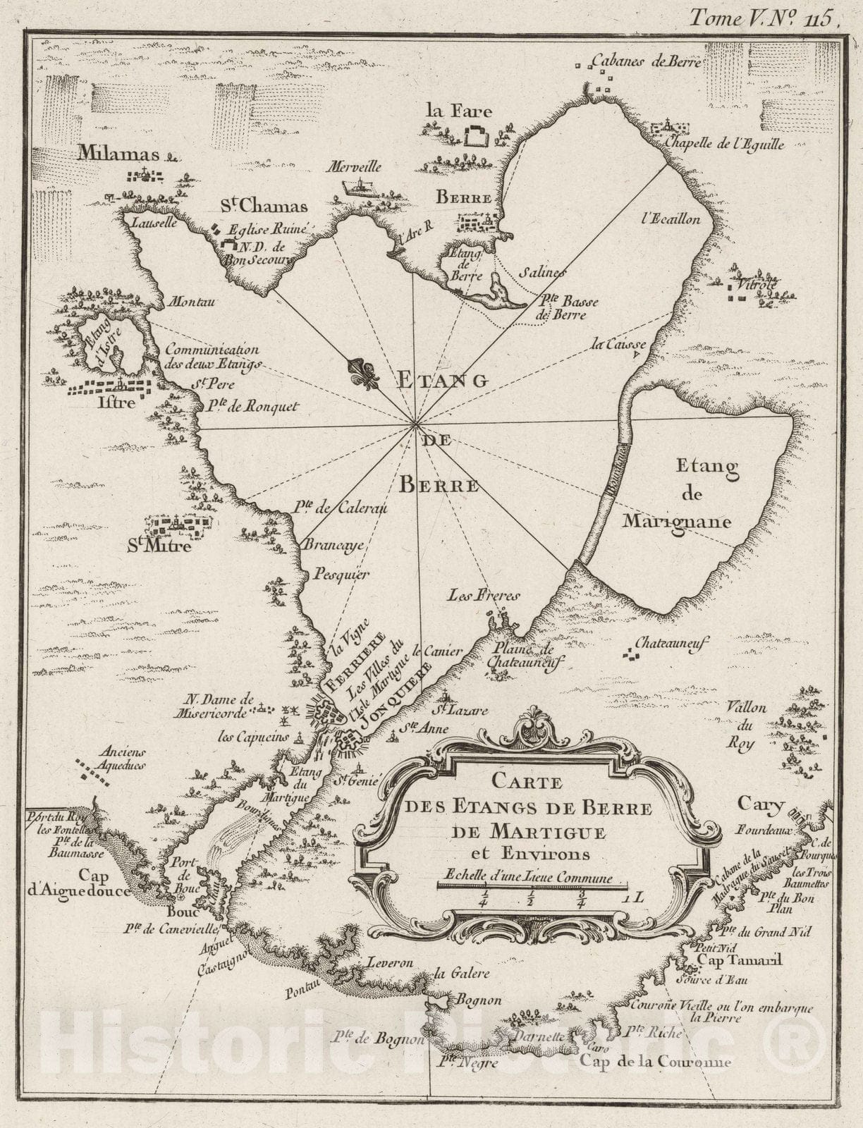 Historic Map : France , Martigues France, Provence 1764 Carte des Estangs de Berre, de Martigue et environs. , Vintage Wall Art
