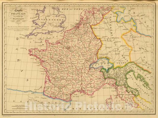 Historic Map : France, 1837 Empire France et Royaume d"Italie, 1812. , Vintage Wall Art