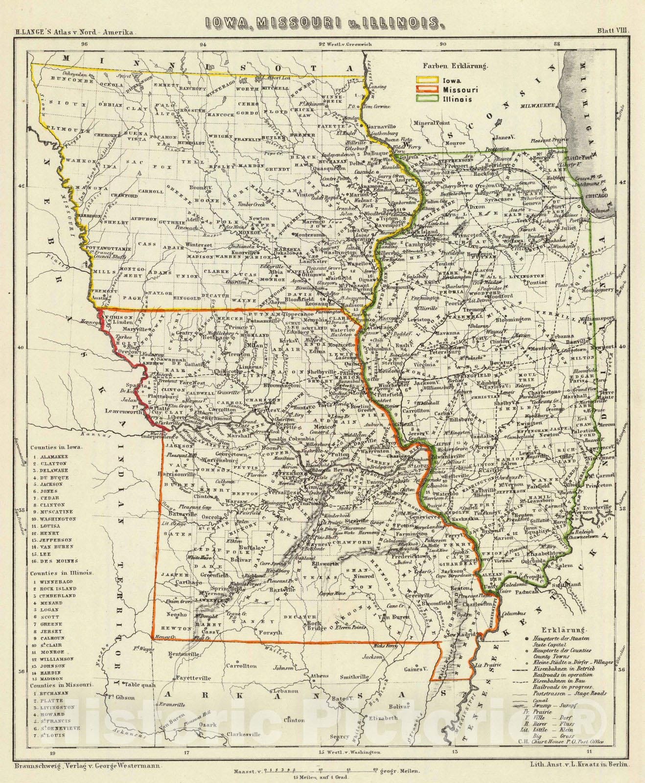 Historic Map : National Atlas - 1854 Iowa, Missouri u. Illinois. - Vintage Wall Art