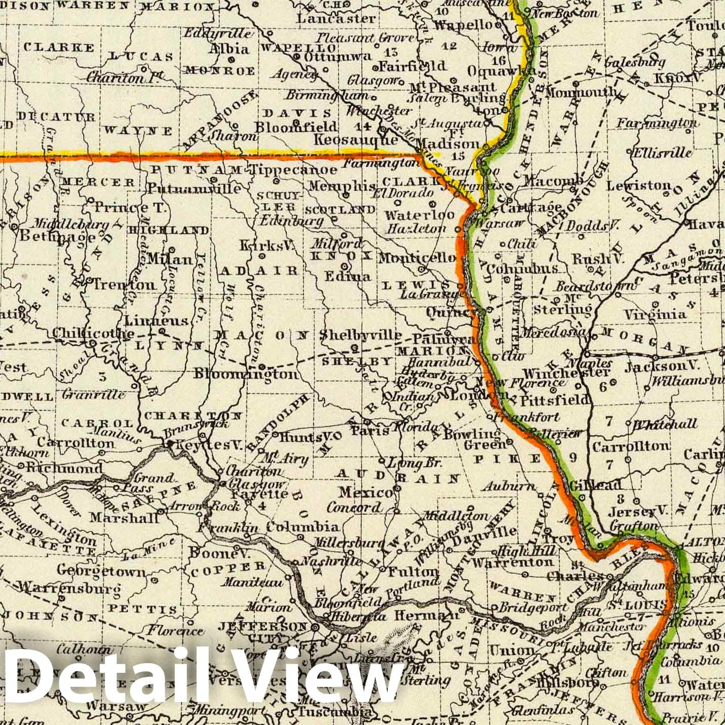Iowa, Missouri, and Illinois - Railroad Map, 1854 - Historical Atlas Reproduction