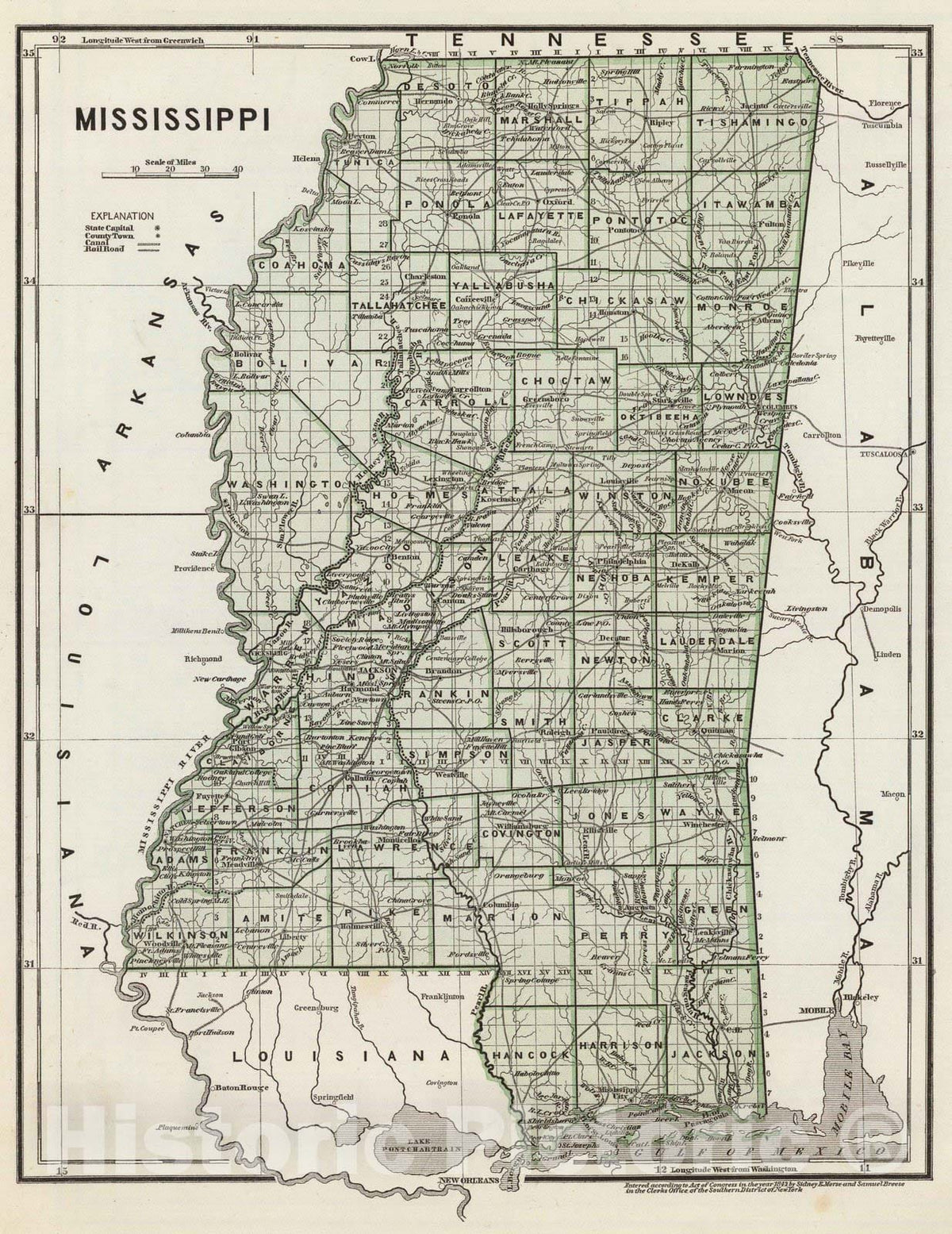 Historic Map : National Atlas - 1845 Mississippi. - Vintage Wall Art