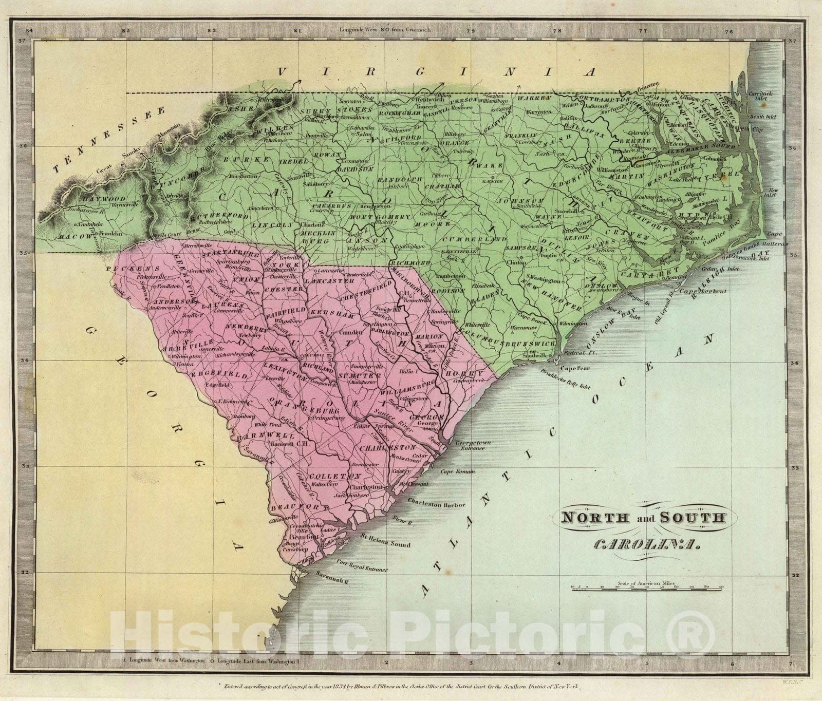 Historic Map : 1835 North And South Carolina. - Vintage Wall Art