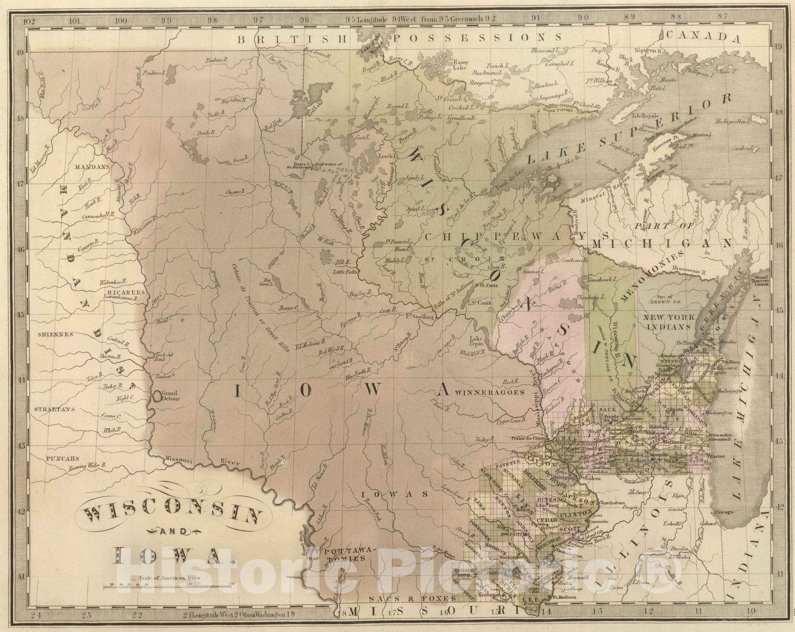 Historic Wall Map : 1848 Wisconsin and Iowa. - Vintage Wall Art