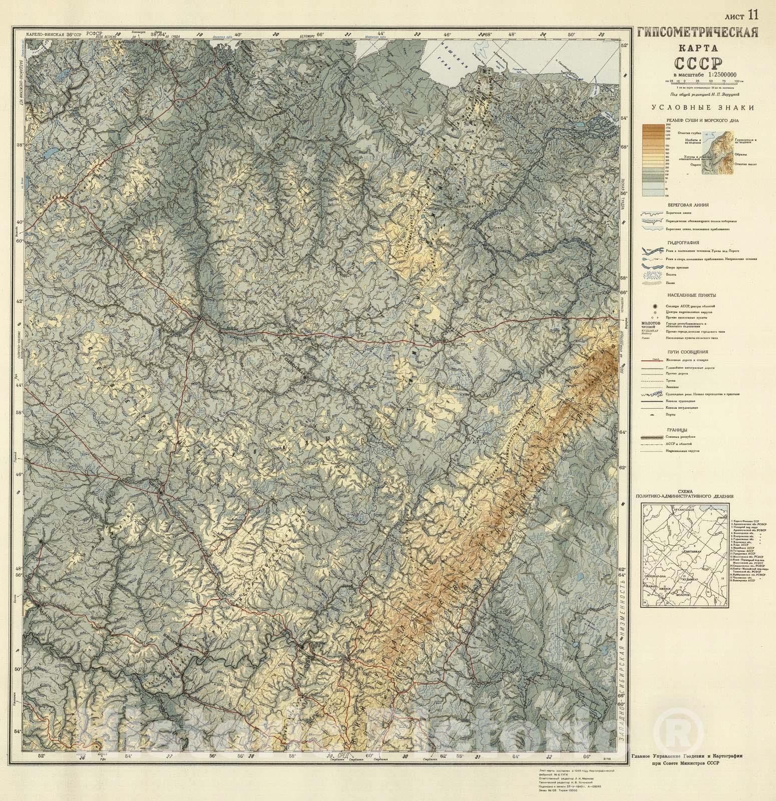 Historic Map : Russia, 1949 List 11: Gipsometricheskaia karta SSSR , Vintage Wall Art