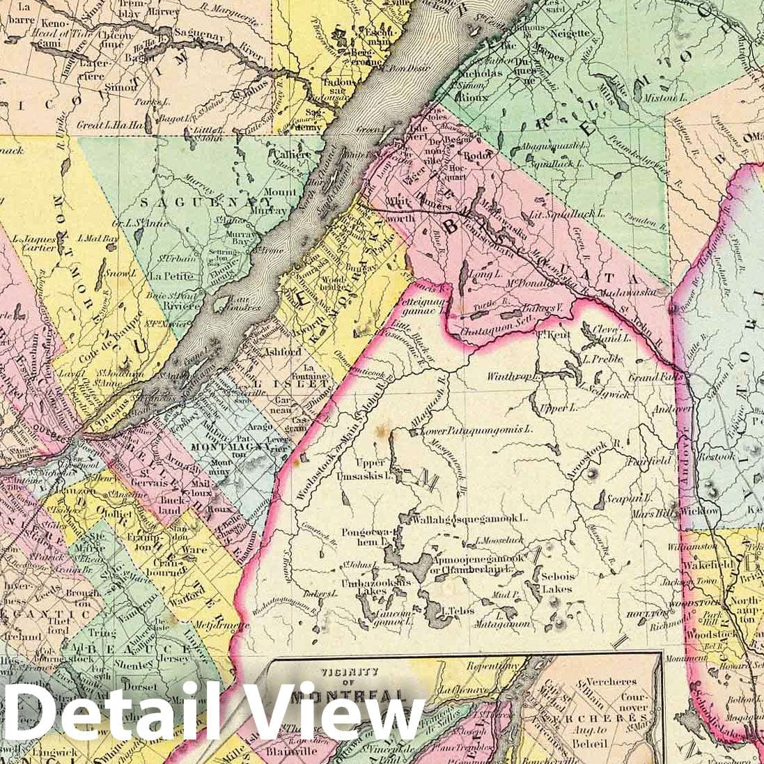 Canada East, Quebec, New Brunswick and Montreal - Physical Map, 1856