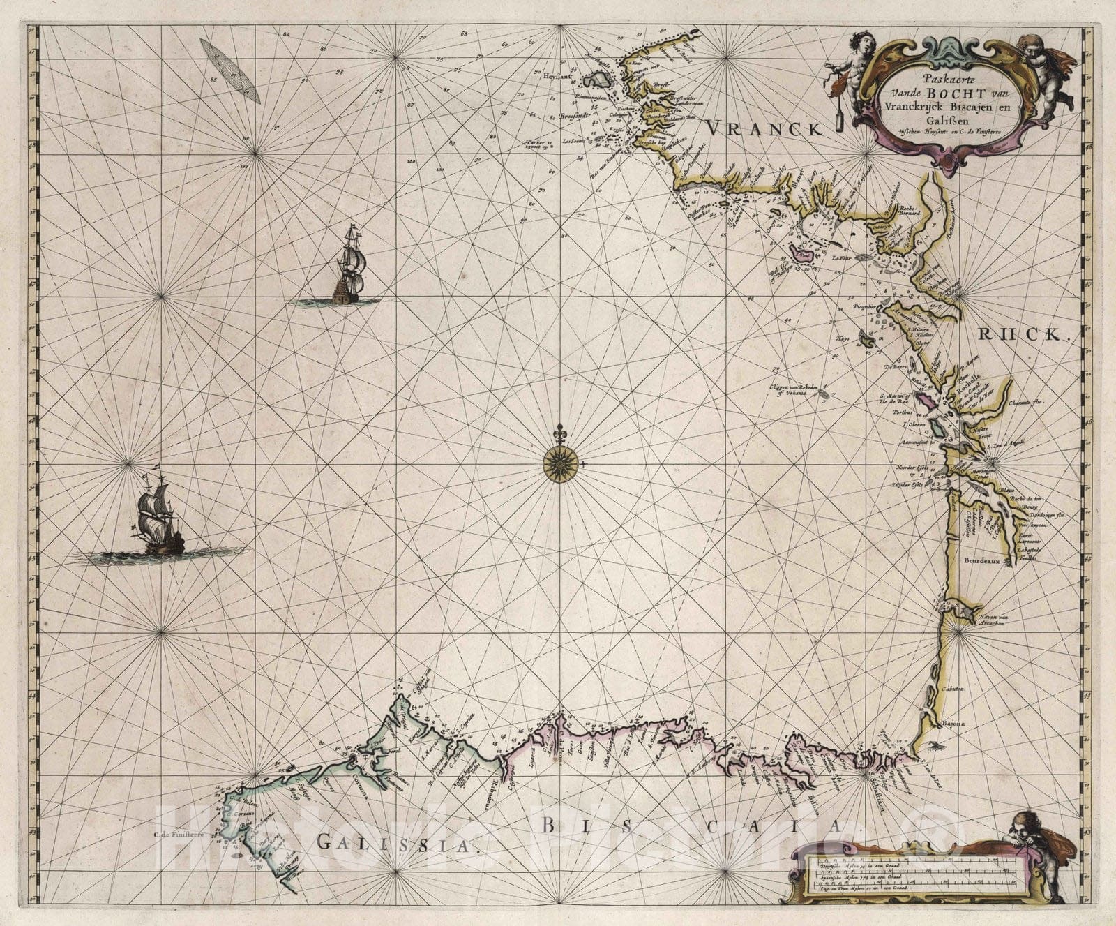 Historic Map : Bay of Biscay (France, Spain) 1667 Paskaerte Van de Bocht van Vranckrijck Biscajen en Galissen. , Vintage Wall Art
