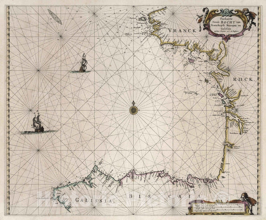 Historic Map : Bay of Biscay (France, Spain) 1667 Paskaerte Van de Bocht van Vranckrijck Biscajen en Galissen. , Vintage Wall Art