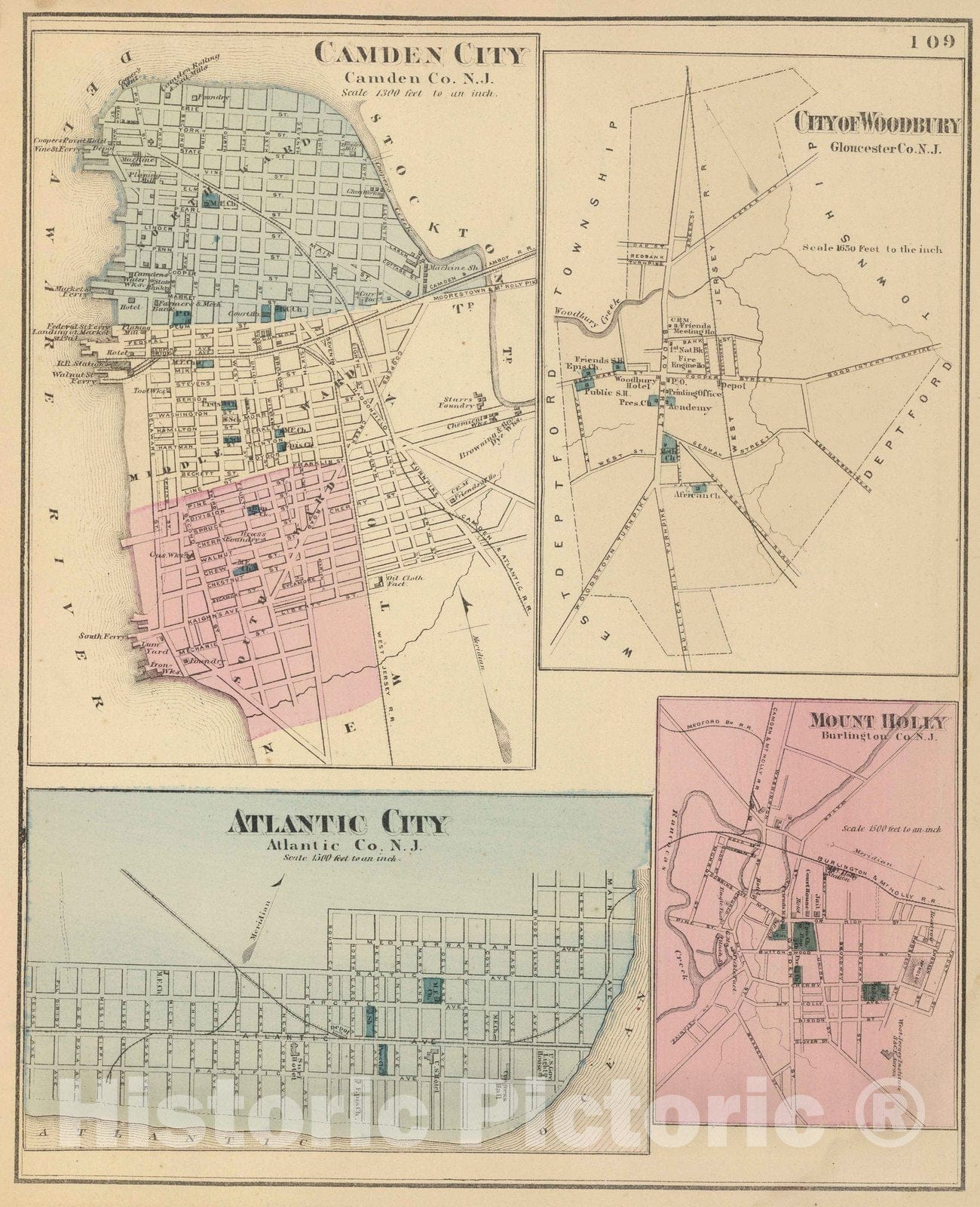 Historic Map : 1872 Camden, Atlantic City, Woodbury, Mt. Holly. - Vintage Wall Art