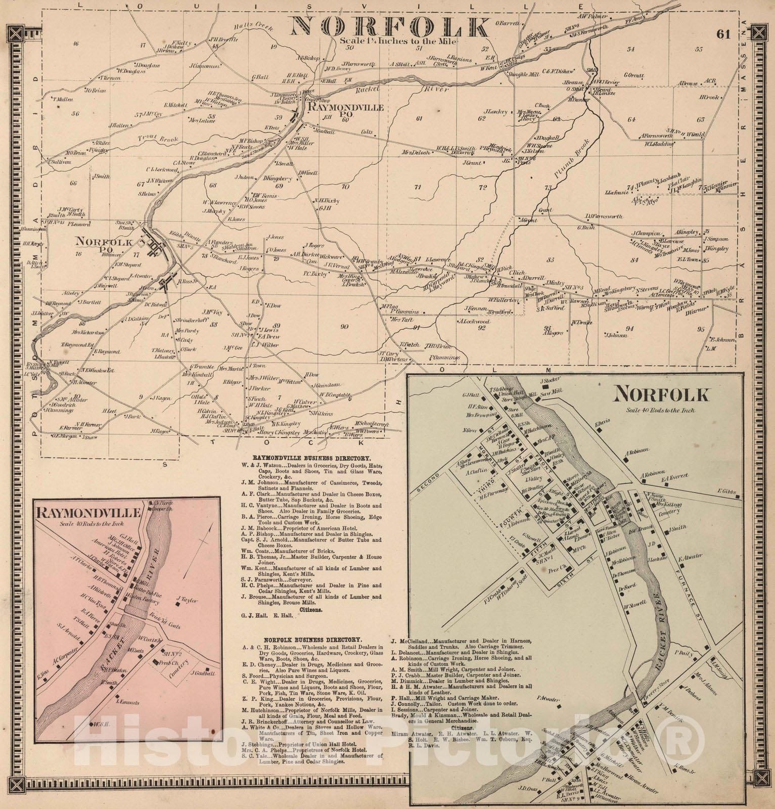 Historic Map : 1865 Norfolk. Raymondville. Norfolk, Saint Lawrence County, New York. - Vintage Wall Art