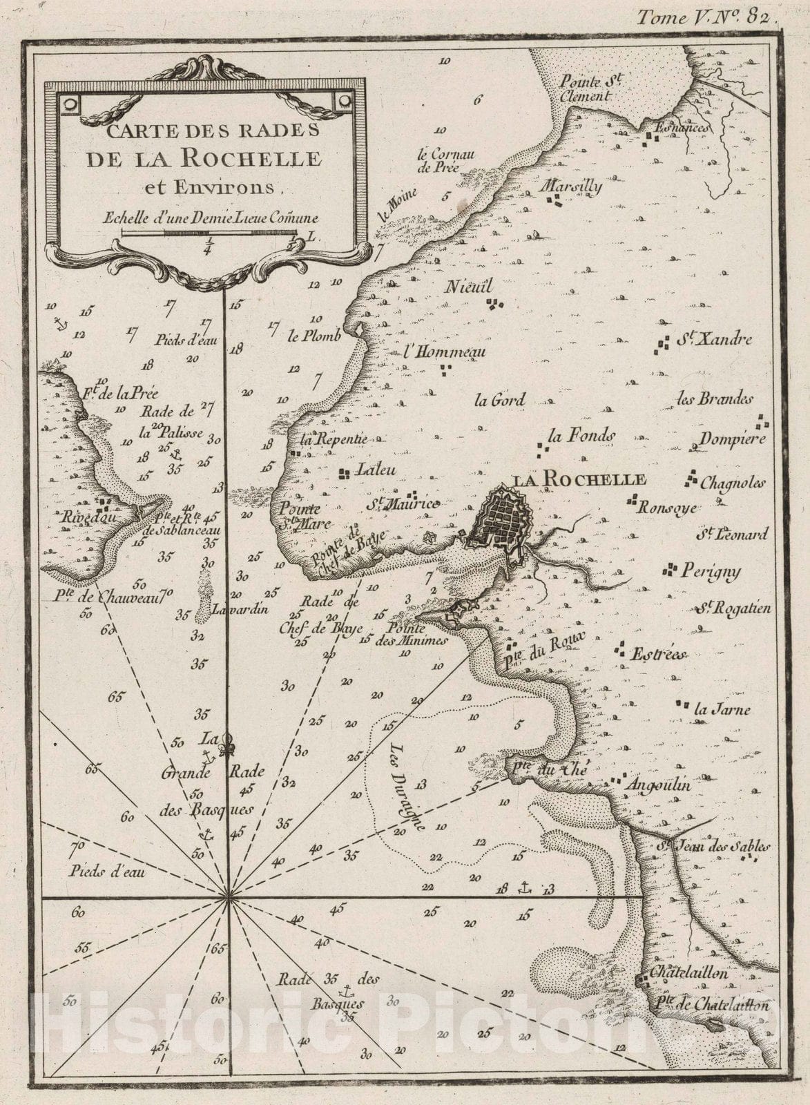 Historic Map : France , La Rochelle France, Aunis 1764 Carte des rades de la Rochelle et environs. , Vintage Wall Art