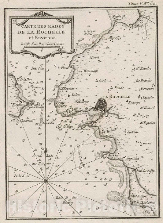 Historic Map : France , La Rochelle France, Aunis 1764 Carte des rades de la Rochelle et environs. , Vintage Wall Art