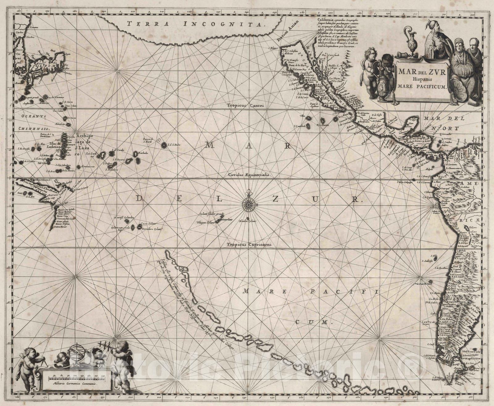 Historic Map : Polynesia, Pacific 1650 Mar del Zur Hispanis Mare Pacificum. , Vintage Wall Art