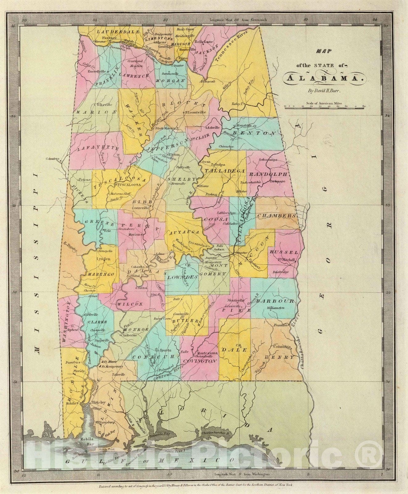 Historic Map : 1835 Map of the State of Alabama. - Vintage Wall Art