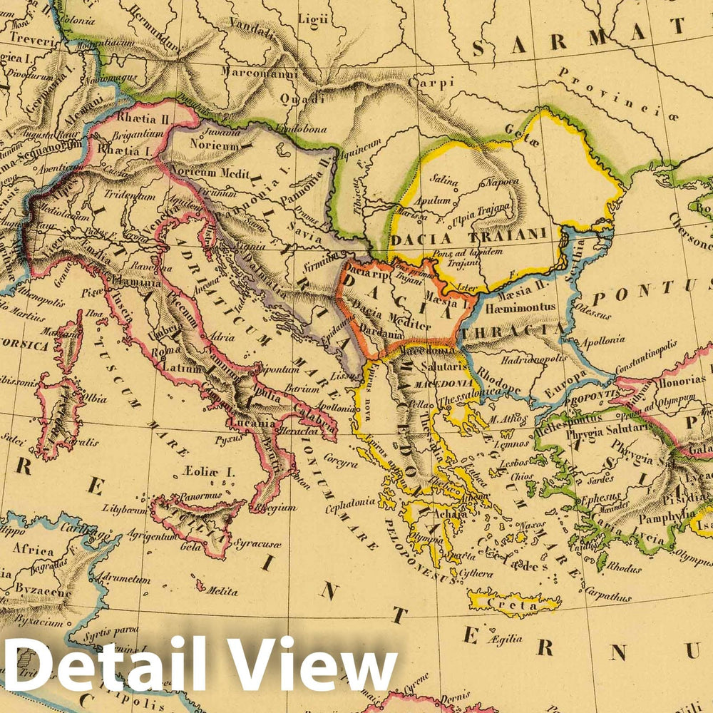 Historic Map : Mediterranean, Europe 1837 Empire Romain sous Constantin et sous Trajan. , Vintage Wall Art