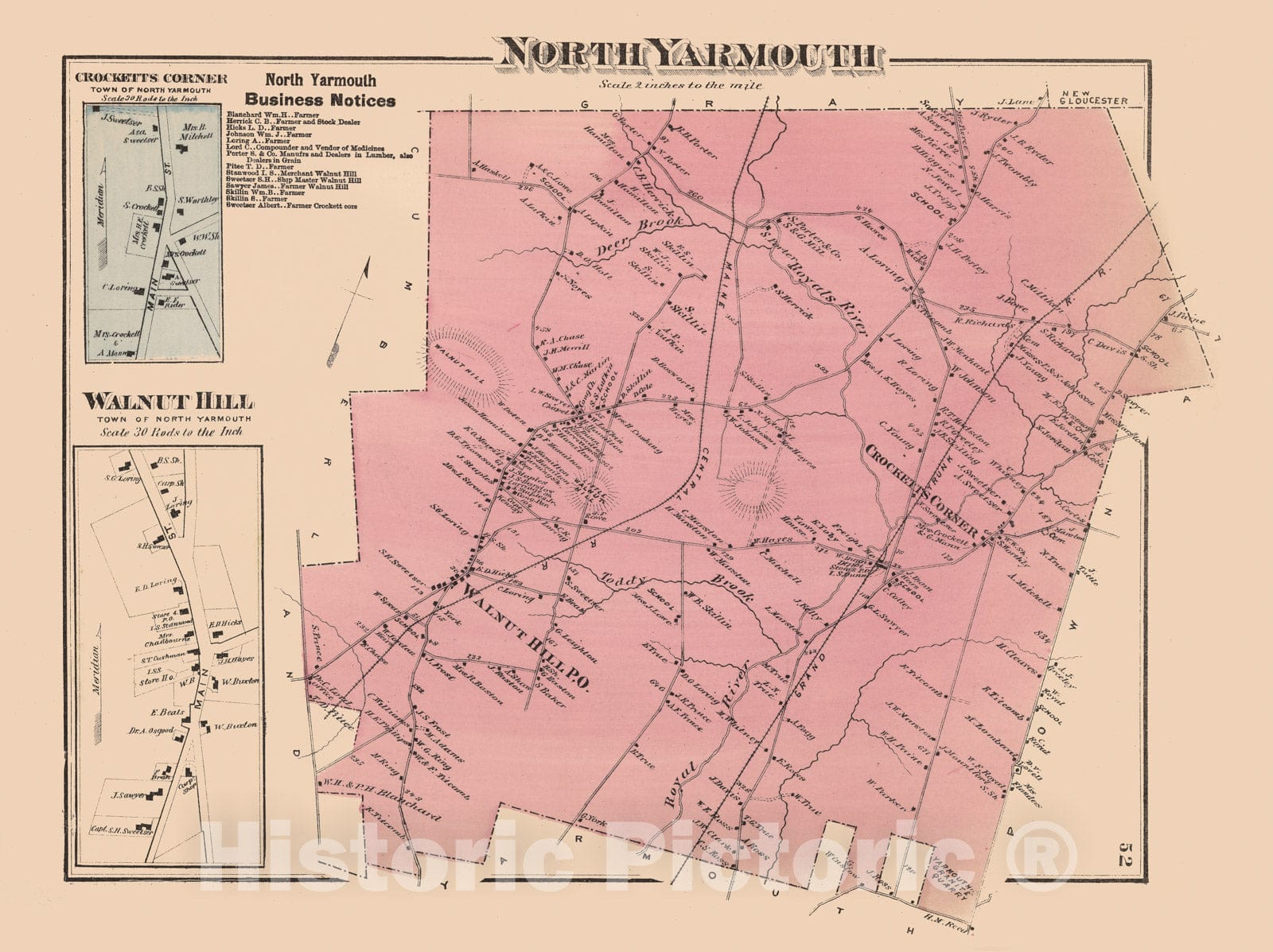 Historic Map - 1871 North Yarmouth, Cumberland County, Maine. Crocketts Corner. Walnut Hill. - Vintage Wall Art