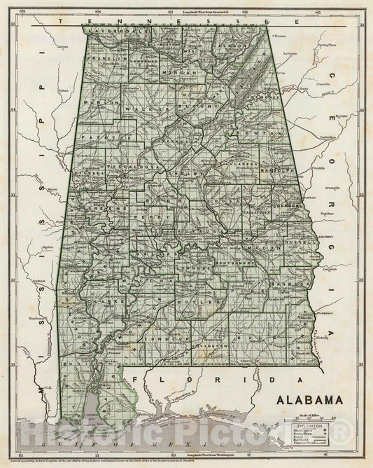Historic Map : National Atlas - 1845 Alabama. - Vintage Wall Art