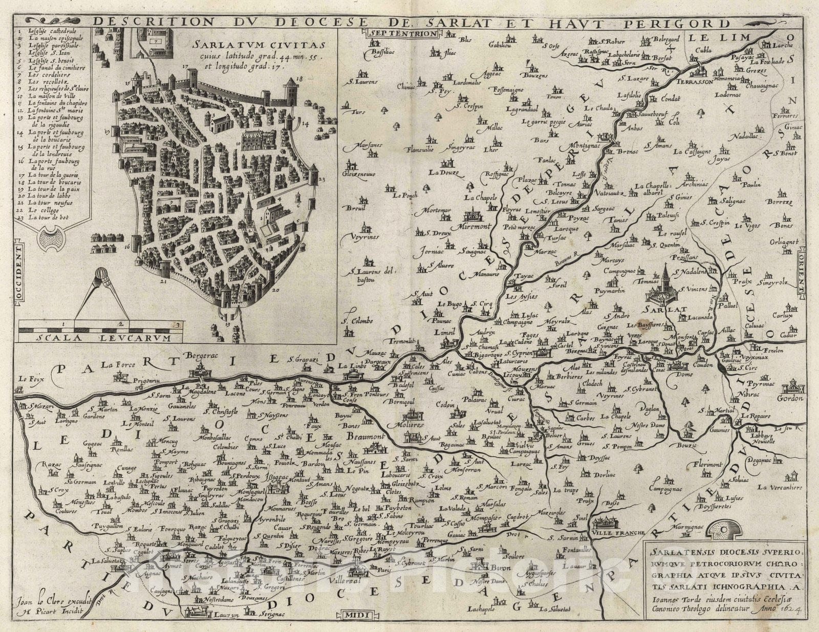 Historic Map : Sarlat , France, Dordogne France 1624 Sarlatensis Diocesis Superiorumque Petrocoriorum Chorographia, Vintage Wall Art