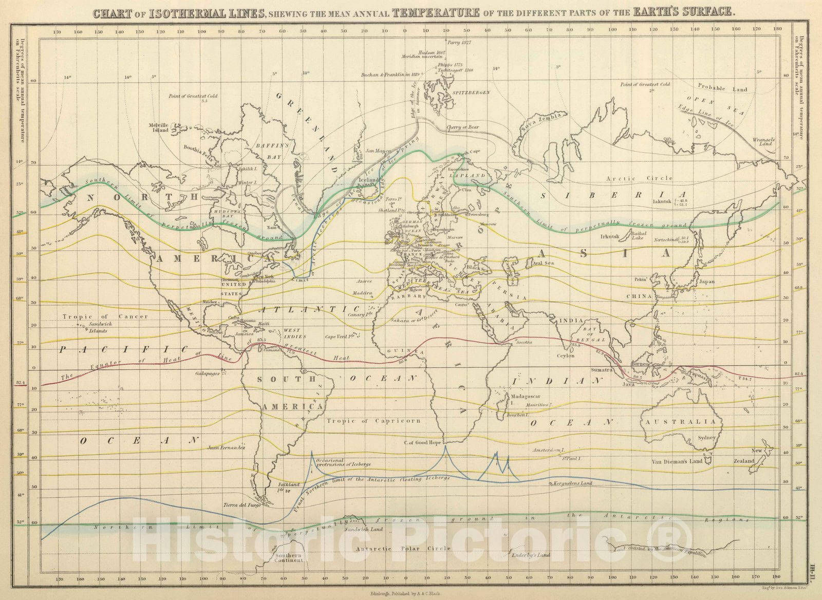 Historic Map : 1854 Mean Annual Temperature of the Earth's Surface. - Vintage Wall Art