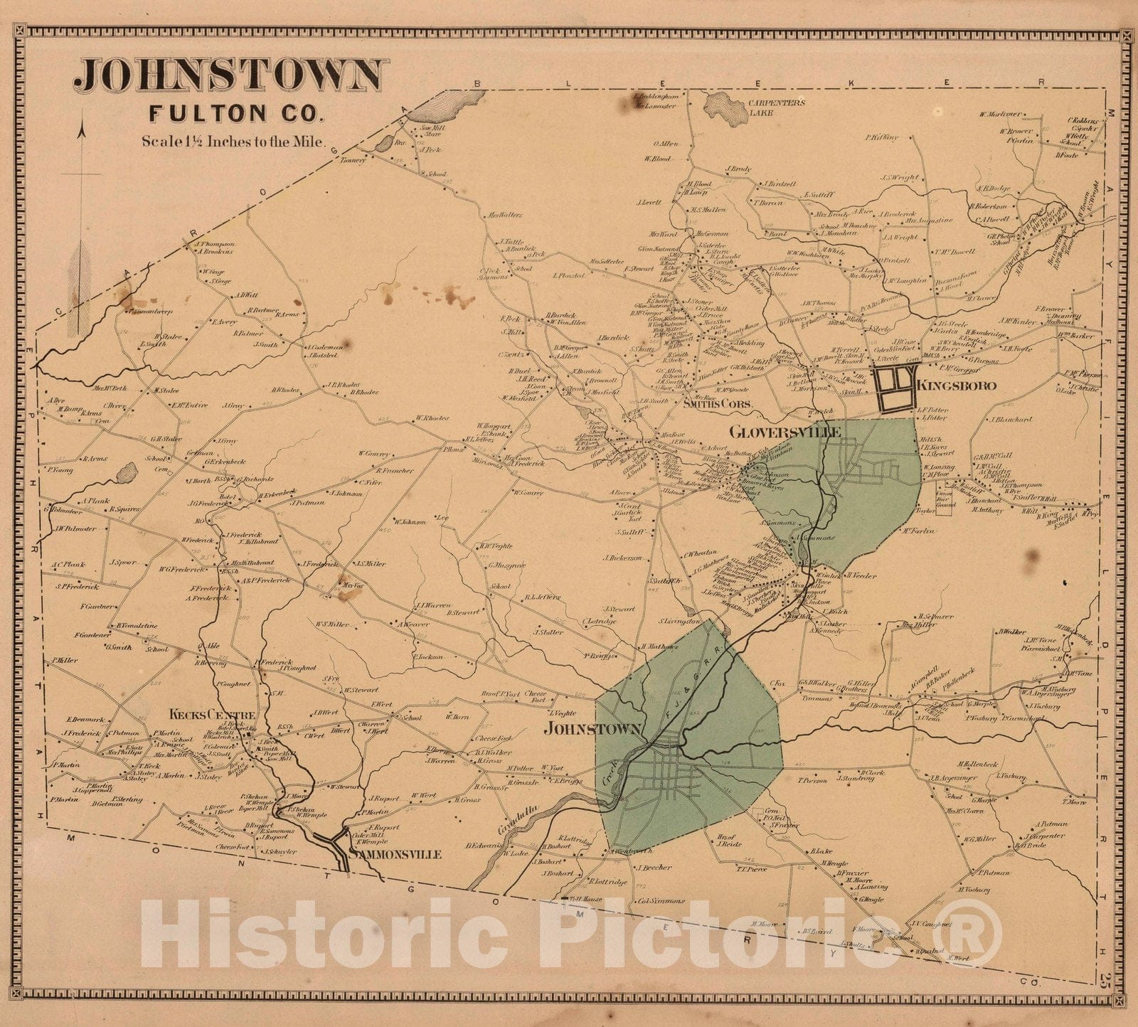 Historic Map : 1868 Johnstown, Fulton County, New York. - Vintage Wall Art