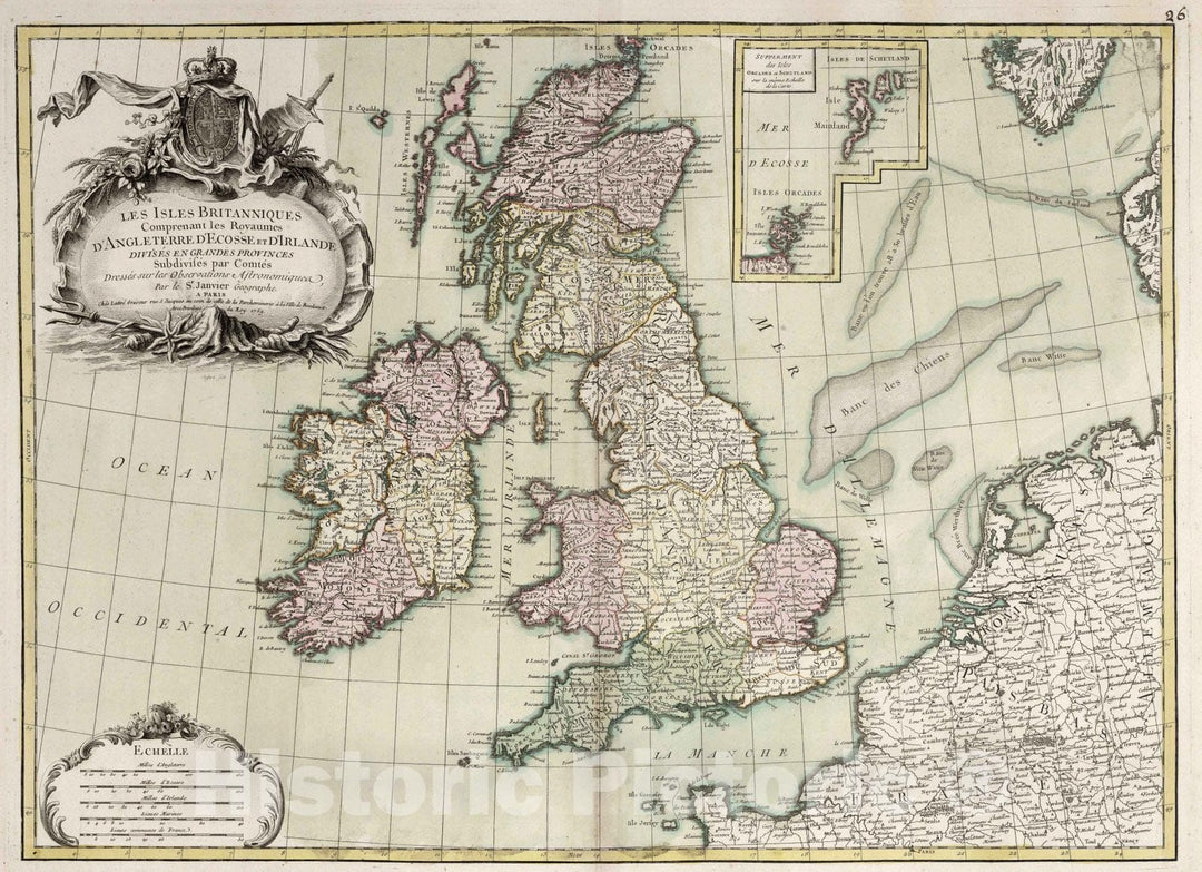 Historic Wall Map : Great Britain, , Europe 1759 Les isles Britanniques , Vintage Wall Art
