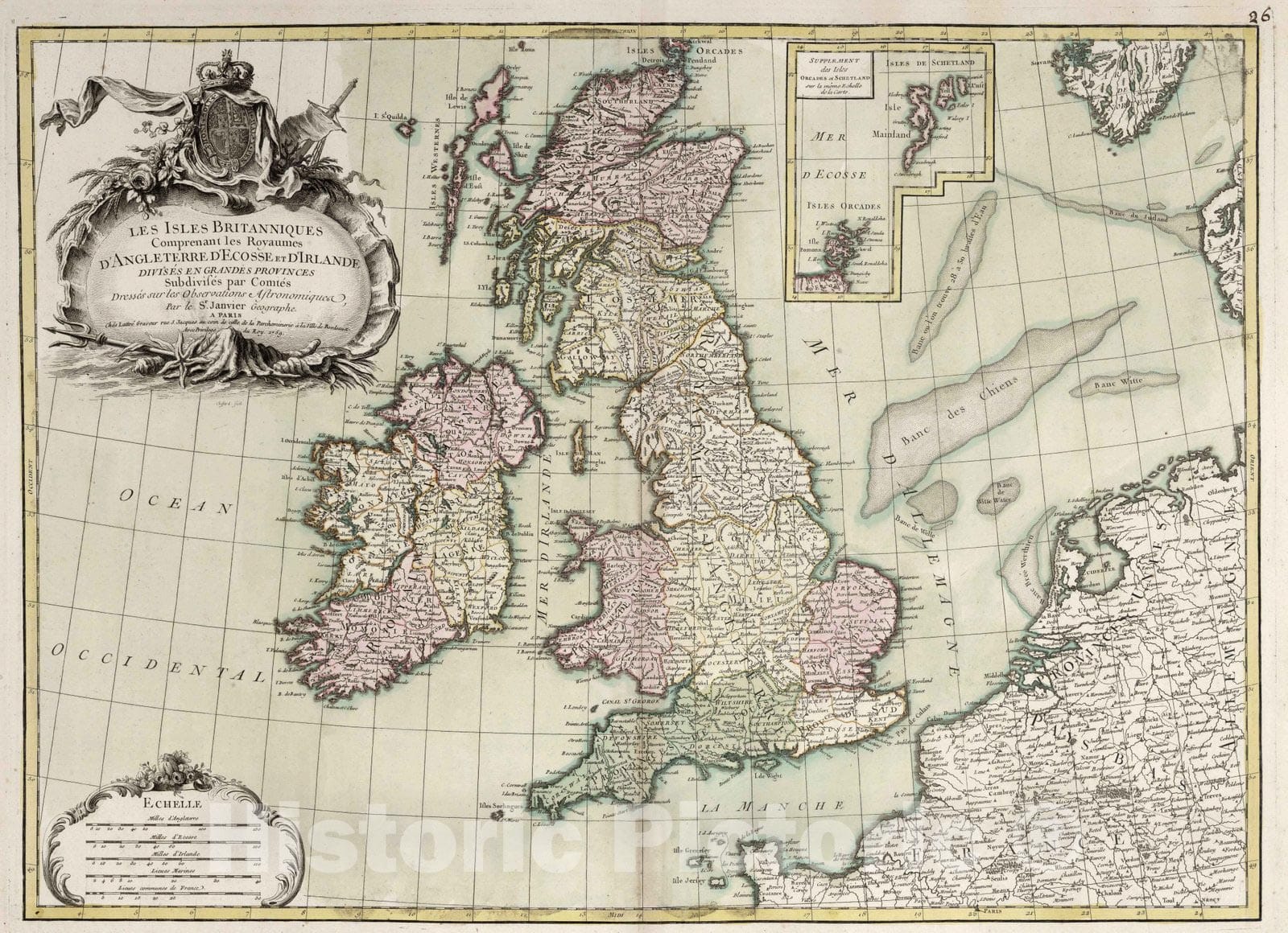 Historic Wall Map : Great Britain, , Europe 1759 Les isles Britanniques , Vintage Wall Art