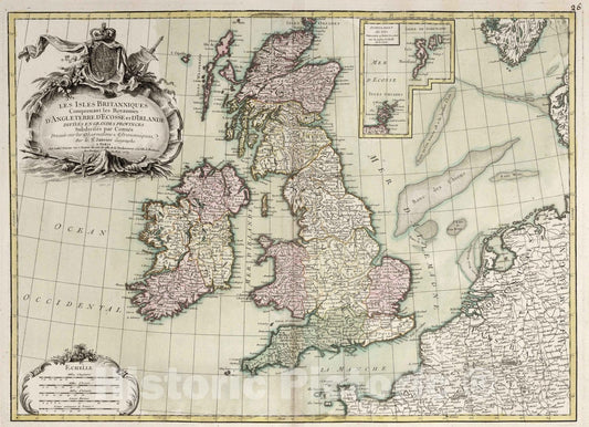 Historic Wall Map : Great Britain, , Europe 1759 Les isles Britanniques , Vintage Wall Art