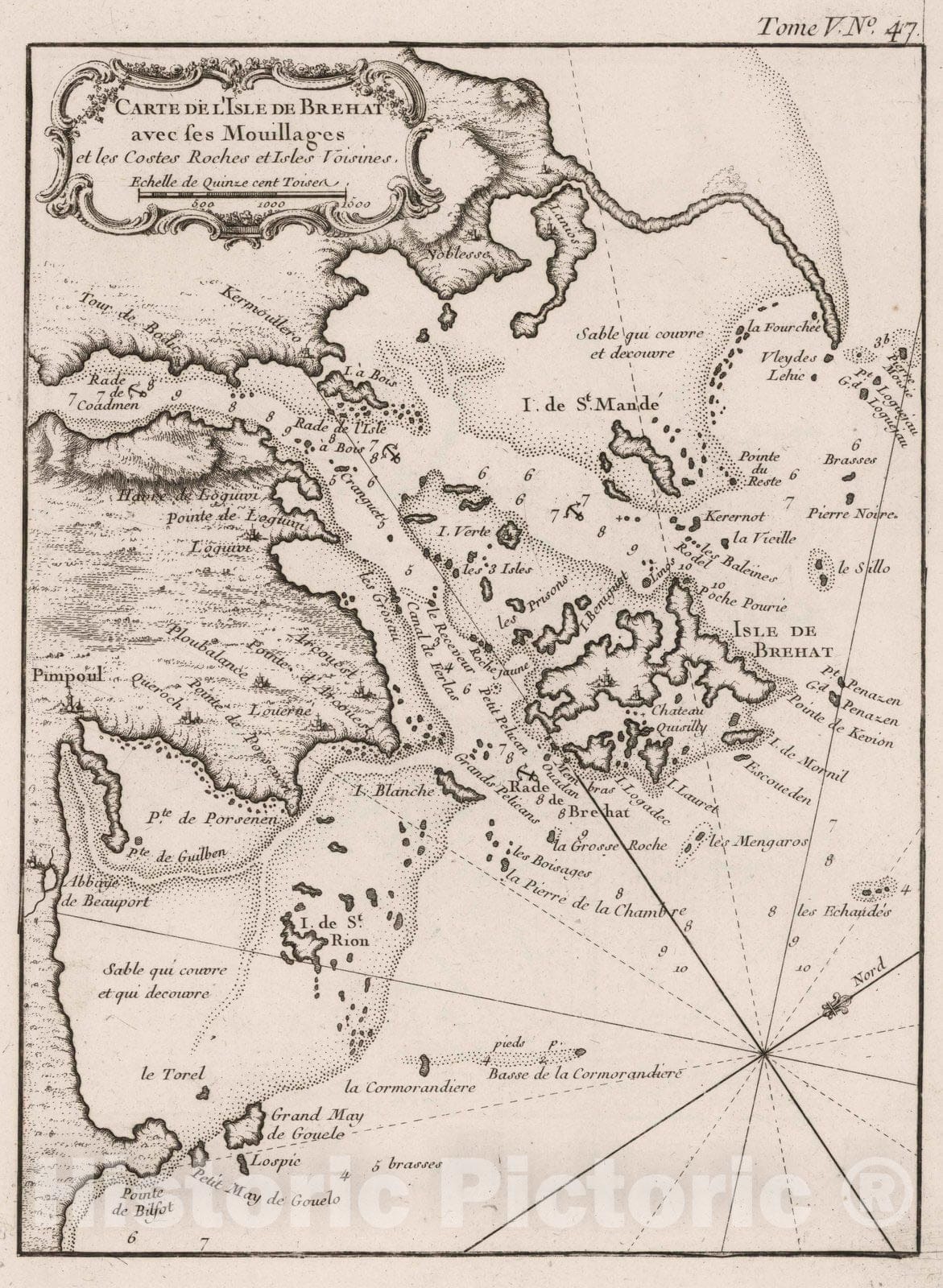 Historic Map : France, Bretagne , France 1764 Carte de I'Lsle de Brehat avec ses mouillagres et les costes roches et isles voisines. , Vintage Wall Art