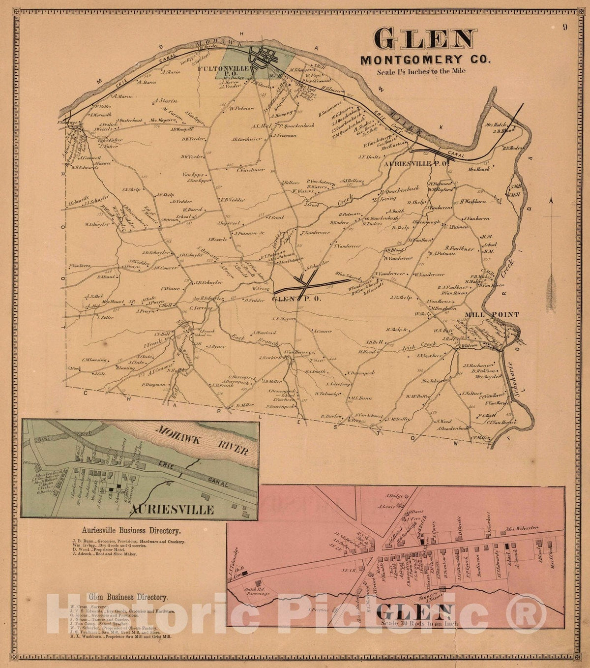 Historic Map : 1868 Glen, Montgomery County, New York. Auriesville. Glen. - Vintage Wall Art