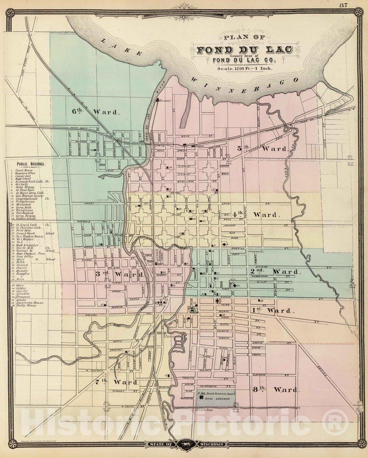 Historic Map : Fond du Lac (Wis.), Wisconsin, 1878 Plan of Fond du Lac, county seat of Fond du Lac Co. , Vintage Wall Art
