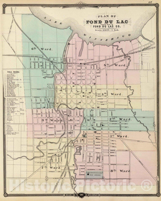 Historic Map : Fond du Lac (Wis.), Wisconsin, 1878 Plan of Fond du Lac, county seat of Fond du Lac Co. , Vintage Wall Art