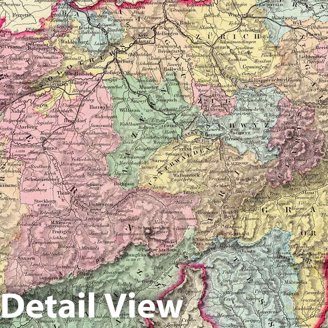 Switzerland - Physical Map, 1856 - Colton's Atlas Historical Map Print