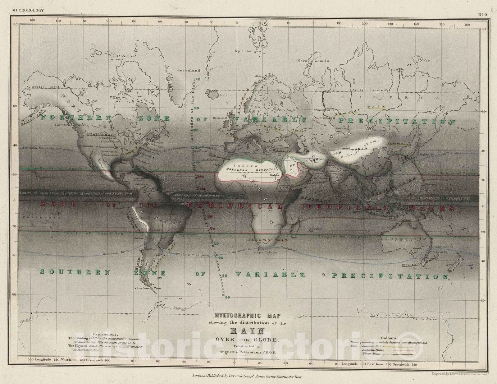 Historic Map : 1850 Distribution of Rain. - Vintage Wall Art